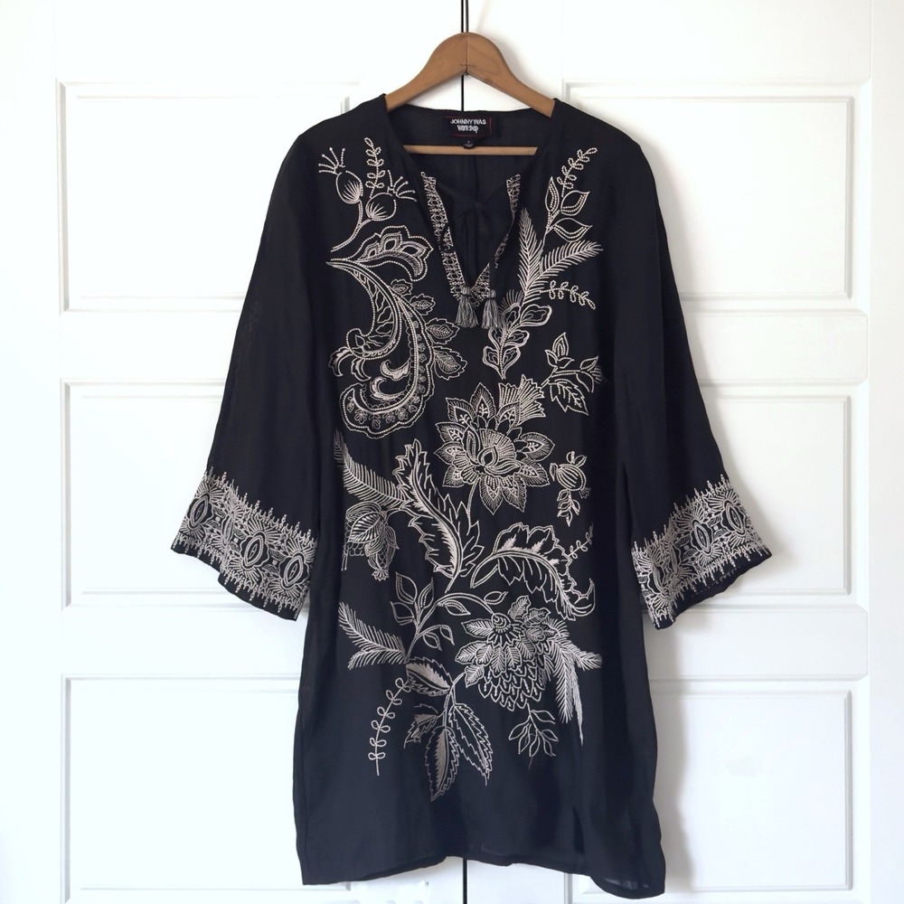 Johnny Was Floral Embroidered Kimono Sleeve Shift Dress Small Black Tunic Boho